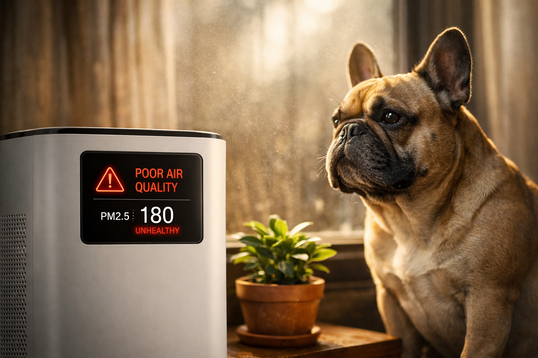 Bulldog francés usando purificador de aire para reducir riesgos ambientales para mascotas