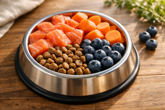 Alimentación saludable para mascotas, salmón y vegetales