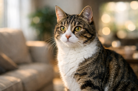 Un gato doméstico saludable que representa el equilibrio del microbioma intestinal el segundo cerebro de tu gato.