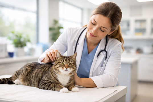 Veterinario revisando la salud general y el microbioma intestinal el segundo cerebro de tu gato.