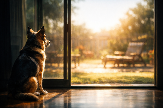 Perro observando el calor exterior para evitar riesgos ambientales para mascotas
