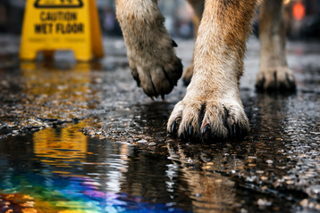 Patas de perro cerca de aceite y químicos, ejemplos de riesgos ambientales para mascotas.